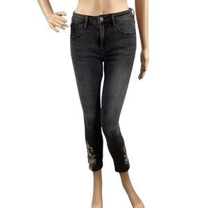 Driftwood Jackie Floral Embroidered Black Ankle Skinny Jeans 25
